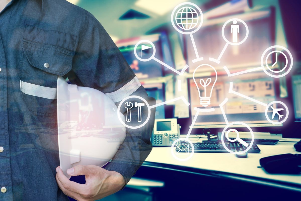 Double exposure of Engineer or Technician man with business industrial tool icons holding safety hat with monitor of computers room for oil and gas industrial business concept.